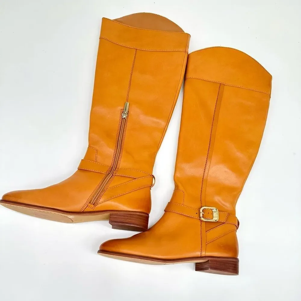 VINCE CAMUTO Buckle Accent Ovarlym Round Toe Block Heel Leather Riding Boot